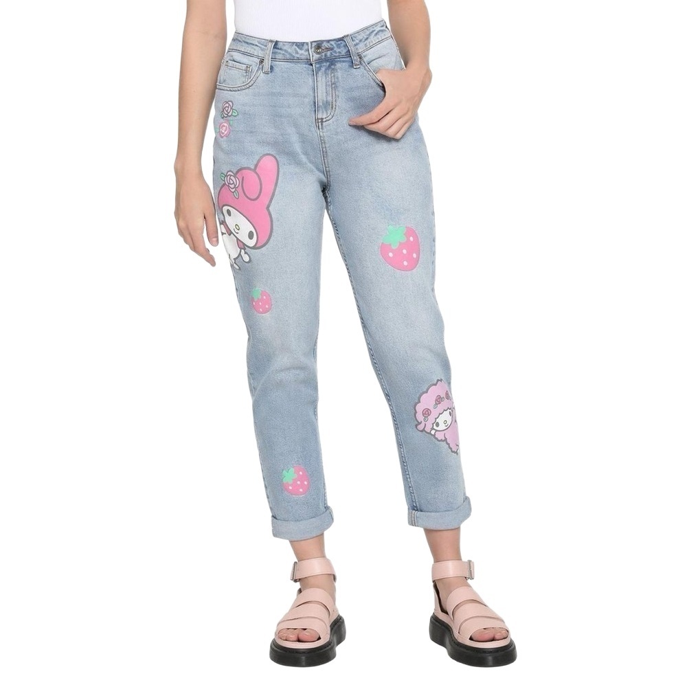 Sanrio My Melody Women's High-Rise Mom Jeans Strawberry Print Blue Denim PLUS
